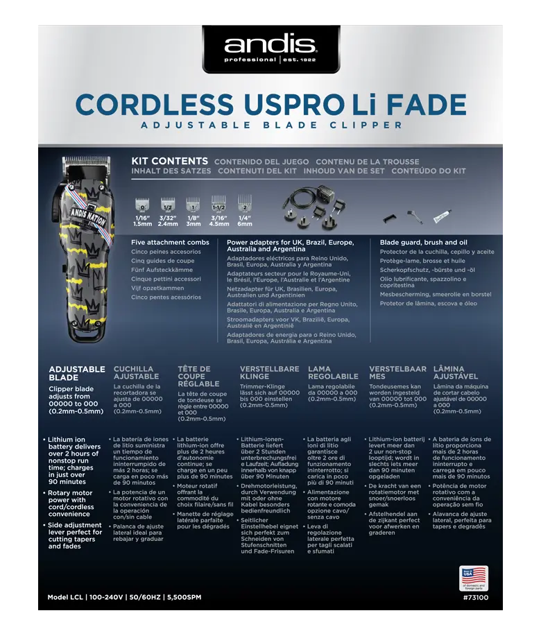 Máquina de Cortar Cabelo Andis Cordless USPro Li Fade - Nation